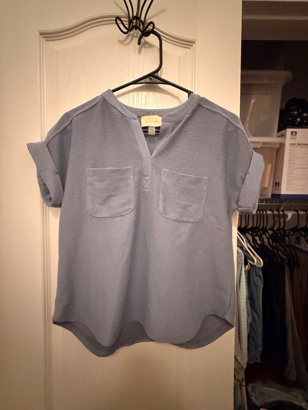 Cupio Split Neck Short Sleeve Top Size XS Blue Ribbed Pockets